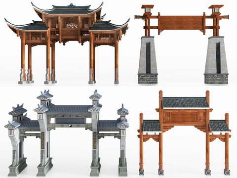  中式古建牌坊门楼入口3d模型 