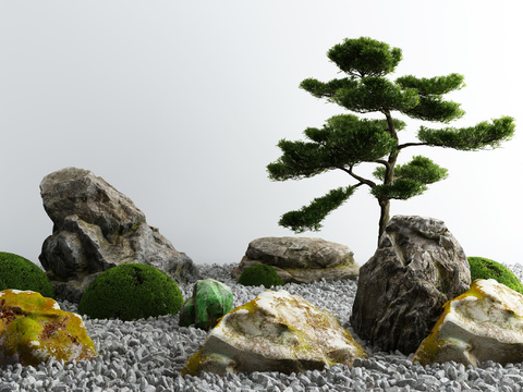  新中式松树假山小品3d模型 