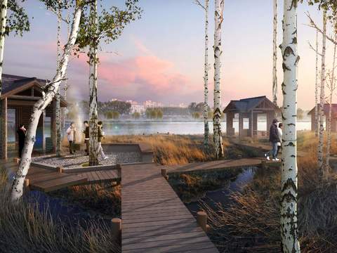  现代廊桥湿地园林景观psd 