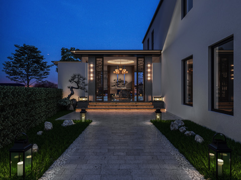  新中式庭院夜景3d模型 