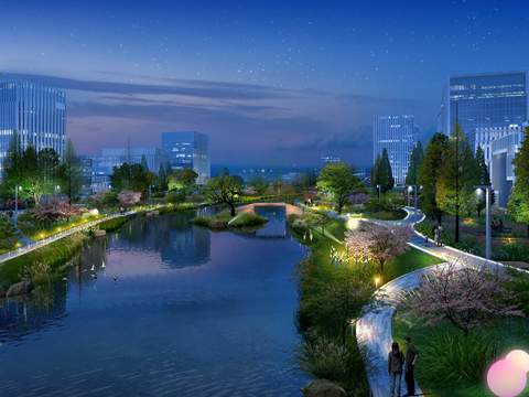  现代园林夜景鸟瞰psd 