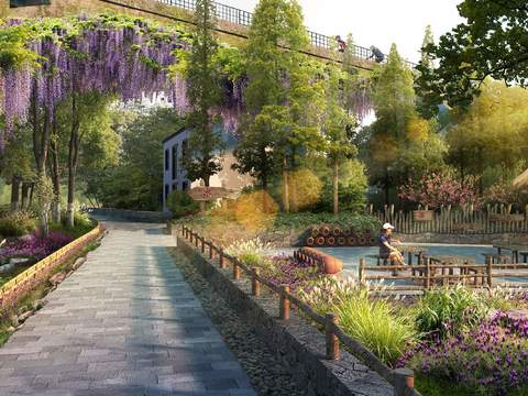  中式流水庭院园林景观psd 