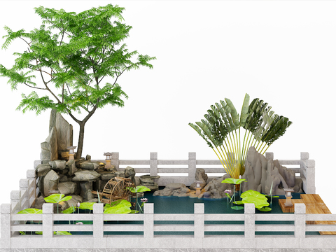  新中式鱼池园艺小品3d模型 