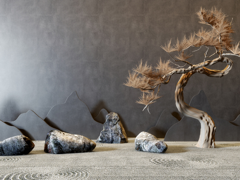  新中式松树石头园艺小品3d模型 