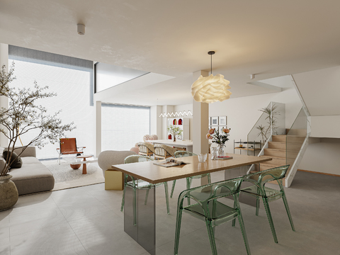  侘寂别墅客厅餐厅3d模型 