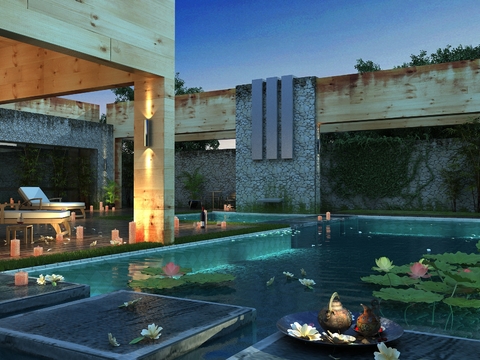  现代别墅庭院泳池3d模型 