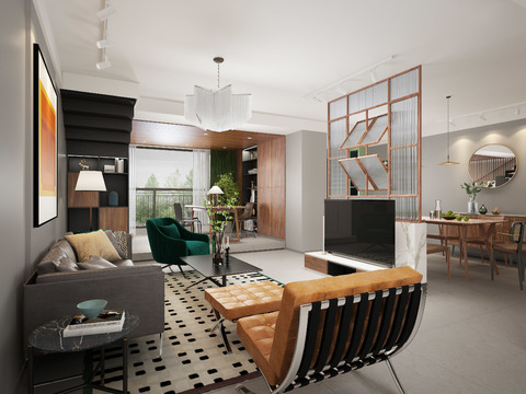  北欧公寓客厅餐厅书房3d模型 