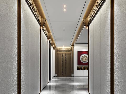  新中式办公室走廊过道3d模型 