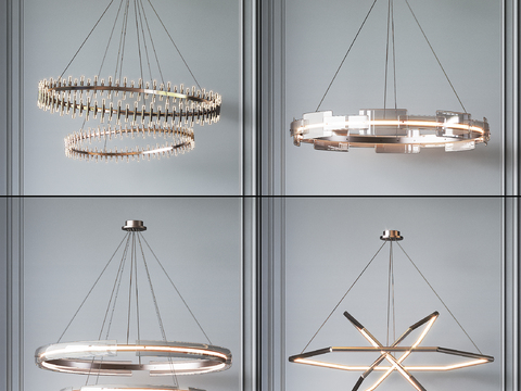  现代双层水晶吊灯3d模型下载 几何设计LED照明 室内装饰客厅灯具 简约优雅吊灯组合 