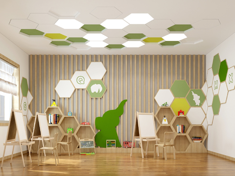  现代幼儿园绘本室3d模型 