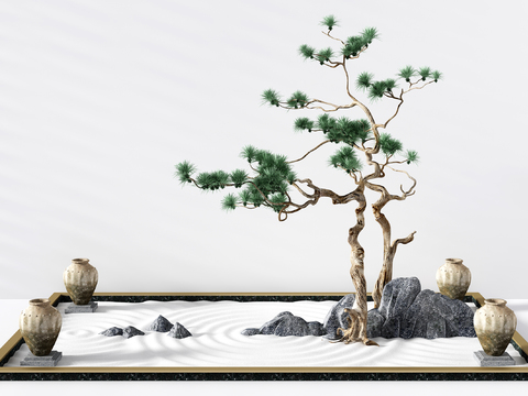  新中式景观小品景观树假山石头3d模型 