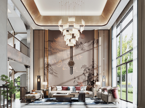  新中式别墅大堂3d模型 