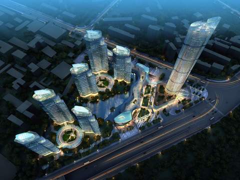  现代高层办公楼外观鸟瞰夜景psd 