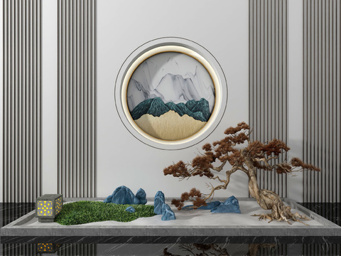  新中式山石树木园艺小品3d模型 