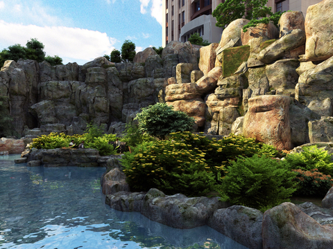  现代假山流水园林景观3d模型 