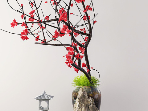  新中式庭院石头绿植园艺小品3d模型 