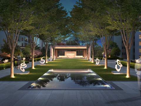  现代未来小区夜景景观psd 