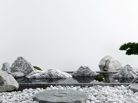  新中式山石水景小品3d模型 