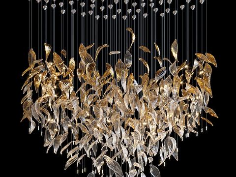 现代奢华水晶吊灯3d模型下载 金色叶片装饰 大厅设计 