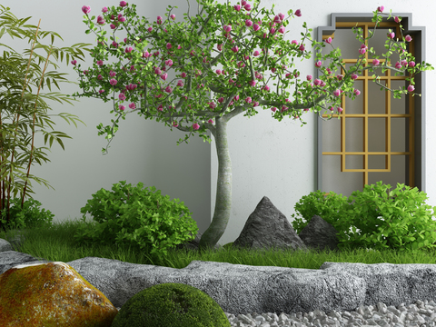 新中式园林树草石头小品3d模型 