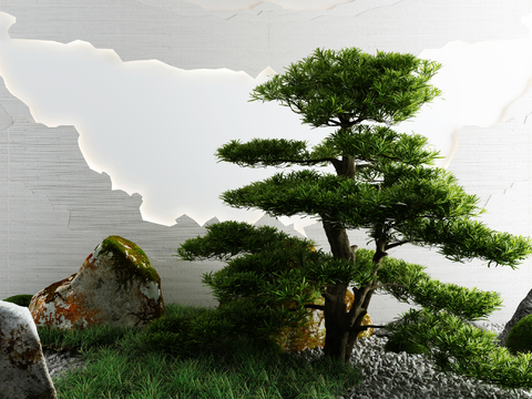  新中式树草假山小品3d模型 