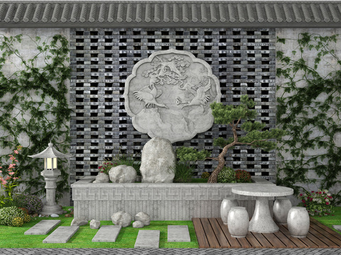  中式松树假山园艺小品3d模型 