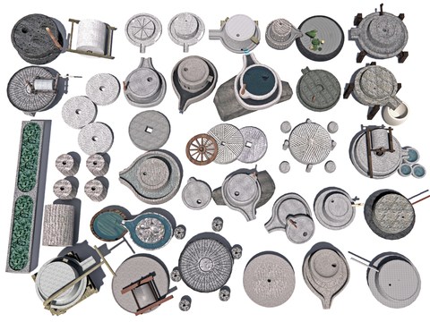  中式石磨 磨盘 石碾 水磨 石槽3d模型 