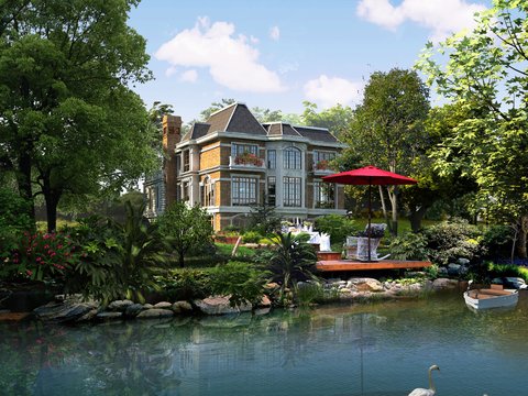  现代独栋别墅建筑外观psd 