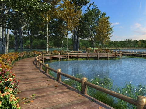  现代廊桥栈道湖边景观3d模型 
