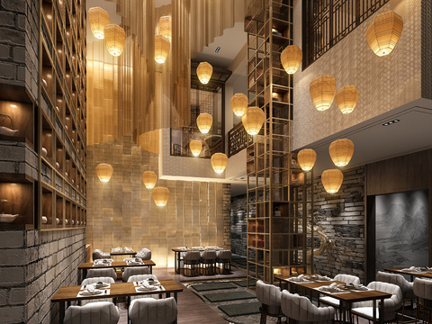  新中式西餐厅3d模型 