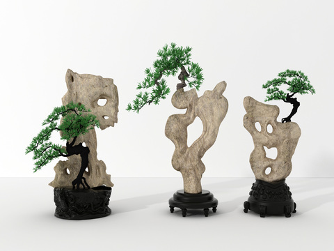  新中式假山松树盆景3d模型 