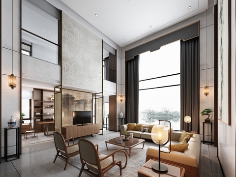  新中式别墅客厅书房3d模型 