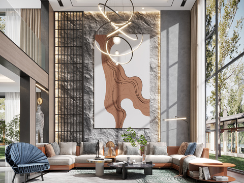  现代轻奢别墅客厅3d模型 