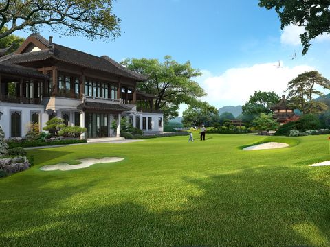  新中式独栋别墅庭院花园psd 