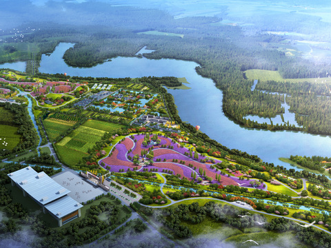  现代河道花海鸟瞰spd 