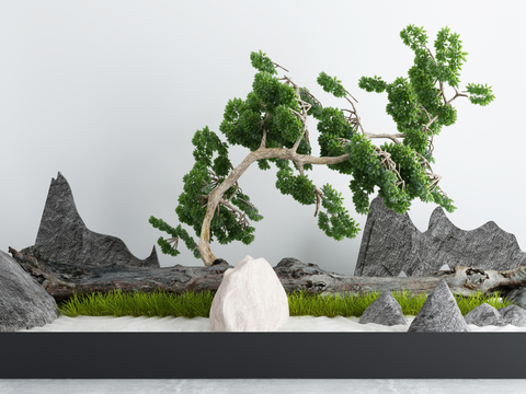  现代松树假山景观小品3d模型 