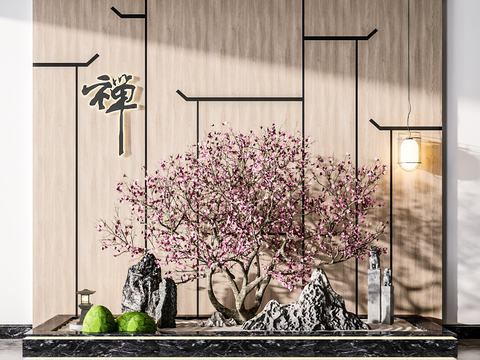 新中式樱花假山石头园艺小景3d模型 