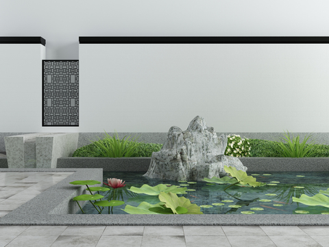  新中式水景荷叶假山园艺小品3d模型 