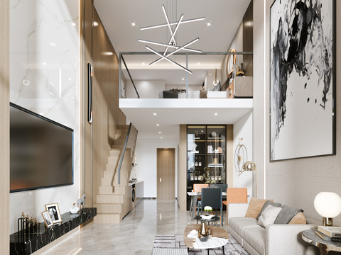  现代复式公寓客餐厅3d模型 