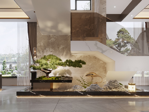  新中式玄关绿植 造景小品3d模型 