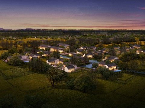  新中式建筑外观鸟瞰园林景观psd 