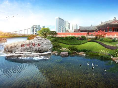  中式公园景观psd 