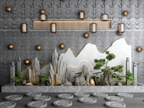  新中式瓦墙假山景观小品3d模型 