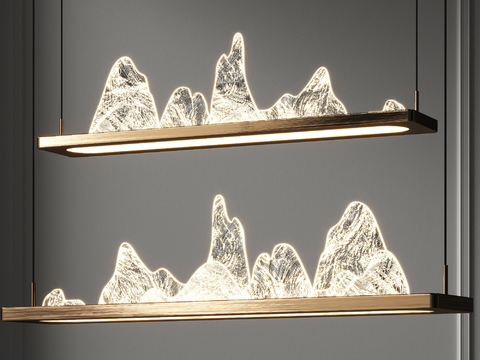  新中式水晶山脉吊灯3d模型下载 现代简约室内装饰灯 金属木架玻璃山峰造型  