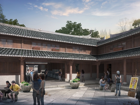  中式古建 庭院psd 