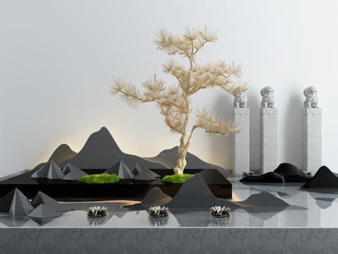  新中式干树假山园艺小品3d模型 