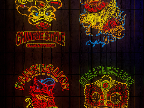  国潮霓虹醒狮3d模型下载 中国风鲨鱼头装饰灯 运动学院灯笼设计 