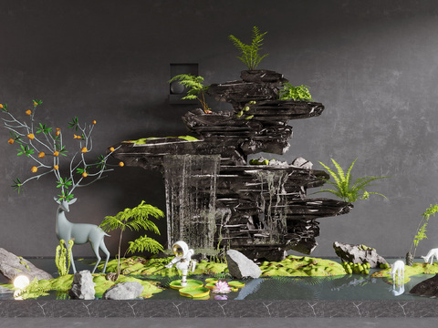  景观小品 假山水景 小鹿雕塑3d模型 