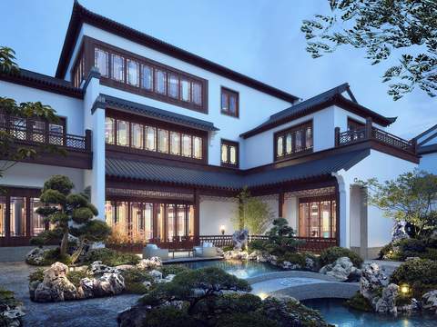  新中式园林外观景观psd 