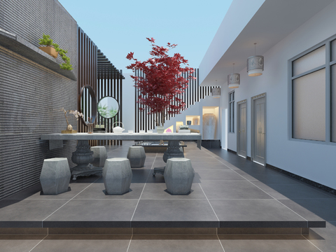  新中式露台庭院3d模型 